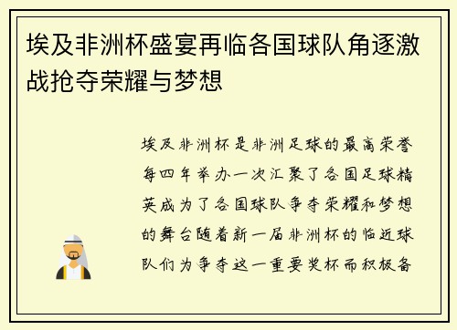 埃及非洲杯盛宴再临各国球队角逐激战抢夺荣耀与梦想