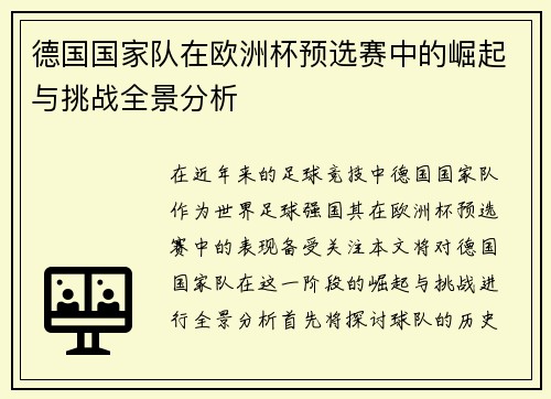 德国国家队在欧洲杯预选赛中的崛起与挑战全景分析