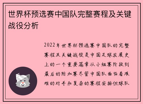 世界杯预选赛中国队完整赛程及关键战役分析